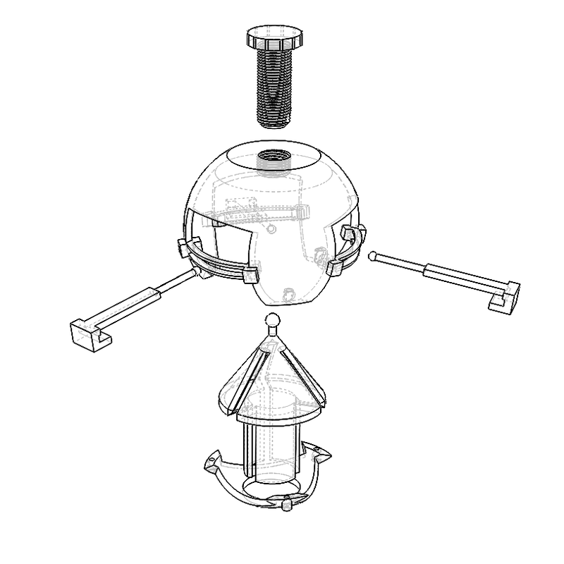 Exploded line drawing of the three-armed reconfigurable vertex joint