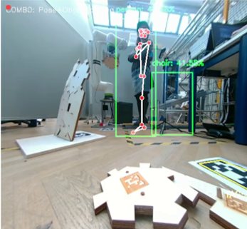 Camera view with a person's detected skeleton pose and bounding boxes