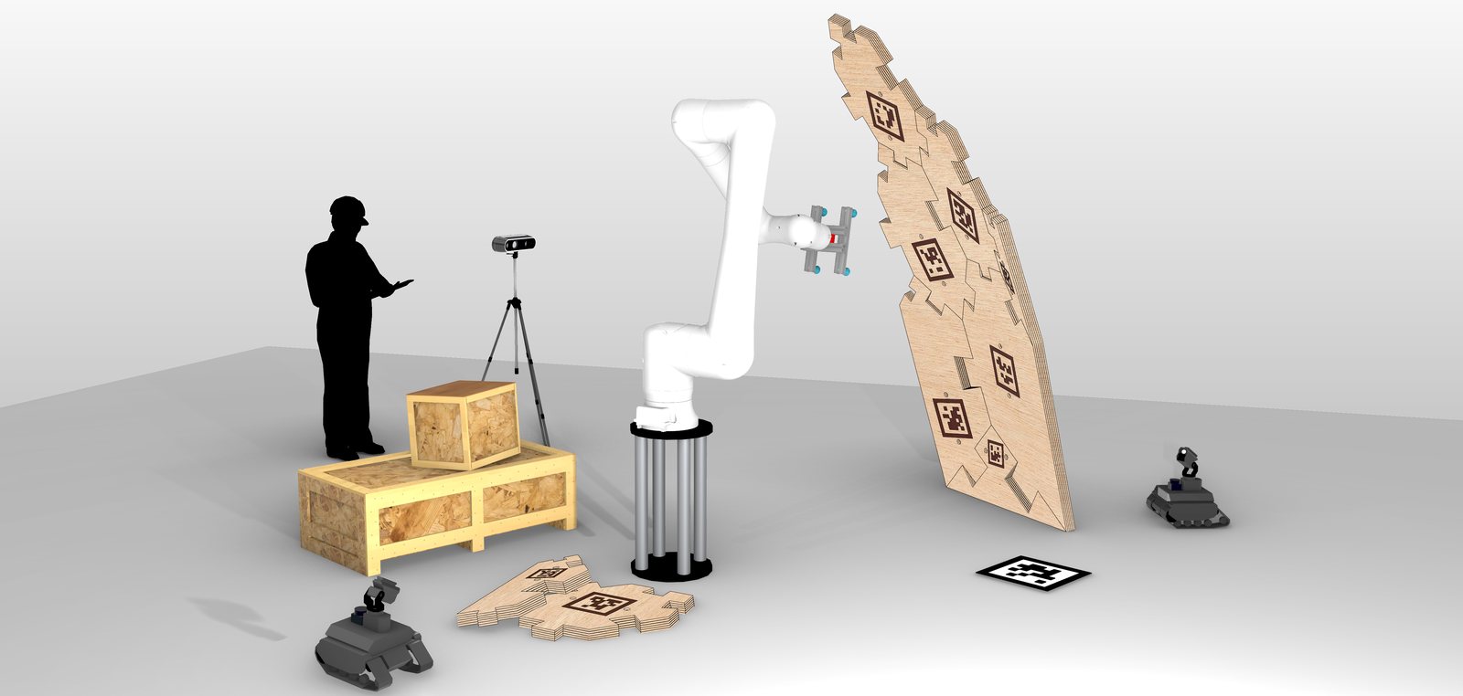 Render of a human supervisor, a robot arm on a stand, a tracked rover and a panel structure marked with AprilTags